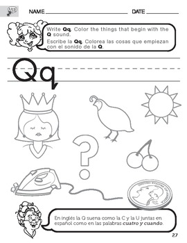 letter q sound worksheet with instructions translated into spanish for