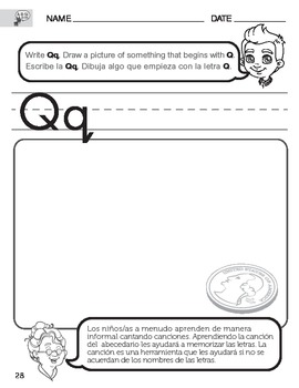 letter q sound worksheet with instructions translated into spanish for