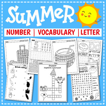 Preview of Summer Vocabulary, Word Search, Crossword, Number Tracing, Letter Recognition