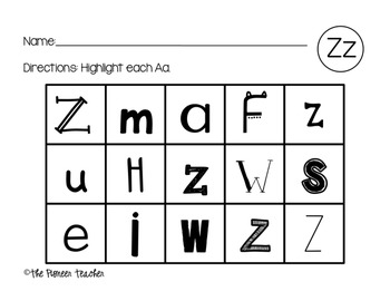 Letter Recognition (Highlight The Letter) Packet A-Z by Kids and Coffee