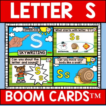 Preview of Letter S Alphabet Name and Beginning Sound BOOM CARDS™ Errorless Movement