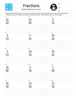 Preview of Letter Size - Fractions – Simplify (Reduce) a Fraction – Practice Exercises