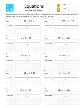 Preview of Letter Size – Solve a One-Step Equation with Addition – Gentle Homework