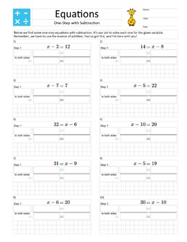 Preview of Letter Size – Solve a One-Step Equation with Subtraction – Gentle Homework