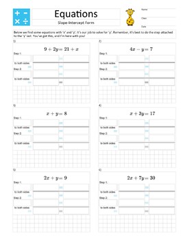 Preview of Letter Size – Solve a Slope-Intercept Equation – Gentle Homework