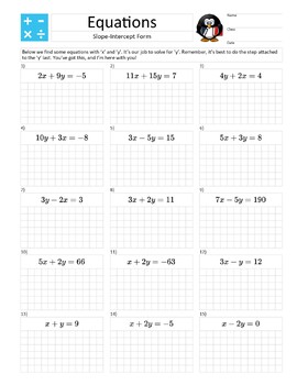 Preview of Letter Size – Solve a Slope-Intercept Equation – Practice Homework