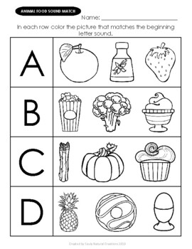 Letter Sound Match FOODS Worksheets by Souly Natural Creations | TpT