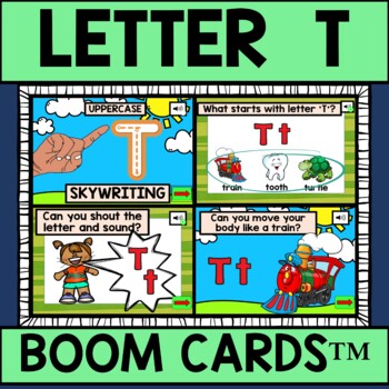 Preview of Letter T Alphabet Name and Beginning Sound BOOM CARDS™ Errorless Movement