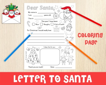 Preview of Letter To Santa, Coloring Page, Christmas Wish List, Writing Practice, No Prep
