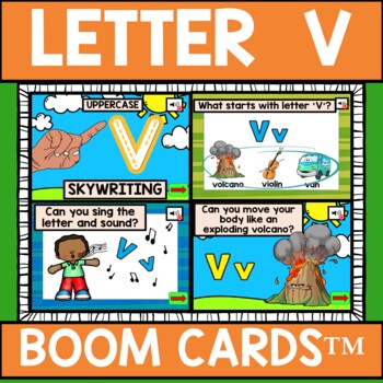 Preview of Letter V Alphabet Name and Beginning Sound BOOM CARDS™ Errorless Movement