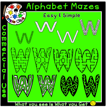 Preview of Letter W Alphabet Mazes - Simple / Easy -  Commercial Use {Simple Clips}