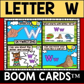 Preview of Letter W Alphabet Name and Beginning Sound BOOM CARDS™ Errorless Movement