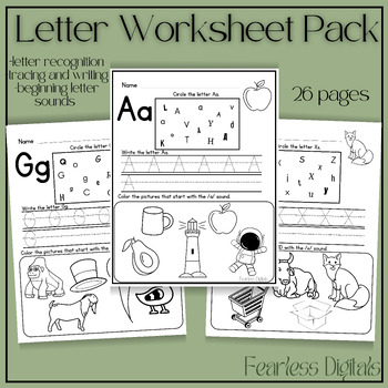 Preview of Letter Worksheets A-Z (Tracing and Recognition of Letters and Sounds)