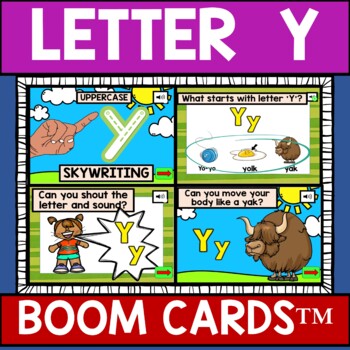 Preview of Letter Y Alphabet Name and Beginning Sound BOOM CARDS™ Errorless Movement