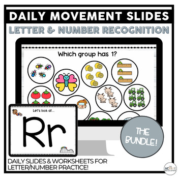 Preview of Letter and Number Recognition Activity | Daily Movement Slides | BUNDLE