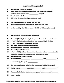 Preview of Letter from Birmingham Jail Guided Reading Worksheet Crossword and Wordsearch