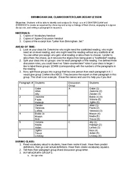 Preview of Letter from Birmingham Jail Jigsaw Discussion Activity (Claim-Counterclaim)