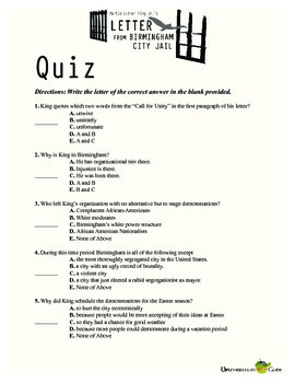 letter from birmingham jail critical thinking questions answers quizlet