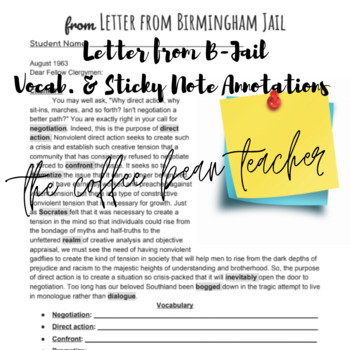 Preview of Letter from Birmingham Jail Sticky Note Annotations-Vocabulary Handout