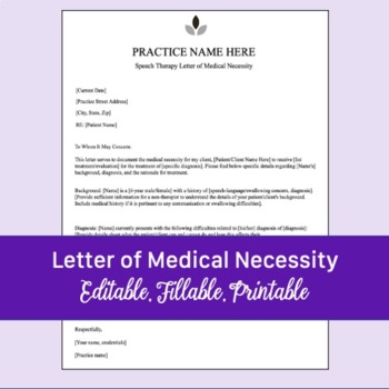 Preview of Letter of Medical Necessity for Speech Therapy - Editable | Fillable | Printable