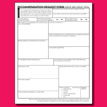 Letter Of Recommendation Request Form College Applications Worksheet Free