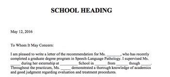 Preview of Letter of Recommendation for Speech Language Pathology-Graduate Intern