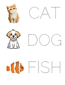 Preview of Pet Words Tracing - Dog Cat Fish - Preschool, PreK, Kindergarten & Beyond