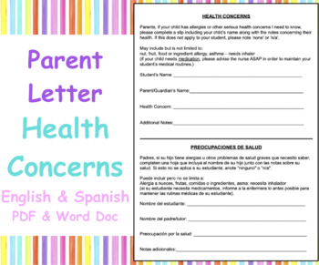 Preview of Letter to Parents Families Health Concerns Note - Pre K, Kinder, First, Second