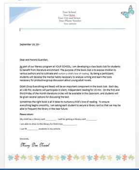 Letter To Parents For Book Club Grades 6 12 Library Field Trips