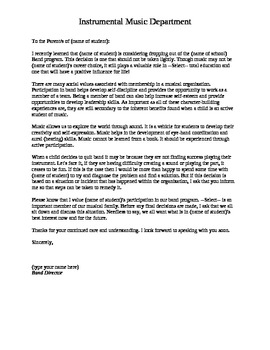 Preview of Letter to Parents for Students Wishing to Drop Out of Band. (Version 1)