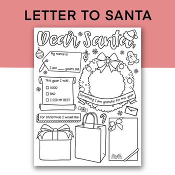 Preview of Letter to Santa Coloring Page, Wish List Activity Sheet, Christmas Worksheet