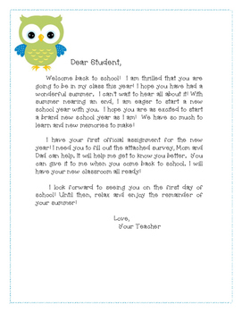 Letter to the Student - Back to School by Smiles for Second Grade