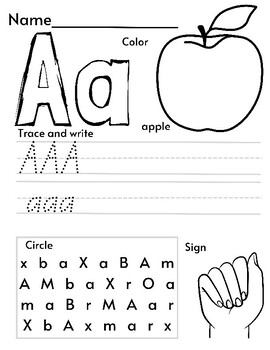 Letters A-Z Color, Trace, Write, Circle, Sign, Lowercase and Uppercase