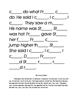 letters an fill in the blank kindergarten story printable rhyming