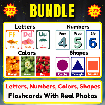 Preview of Letters, Numbers,Colors and Shapes Printable Flashcards Bundle With real photos
