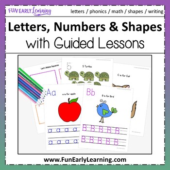 Preview of Letters, Numbers & Shapes Worksheets & Guided Lessons Bundled - 3 Writing Lines