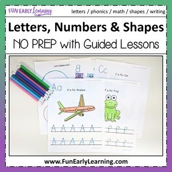 Preview of Letters, Numbers, Shapes Worksheets & Guided Lessons Bundled - 2 Writing Lines