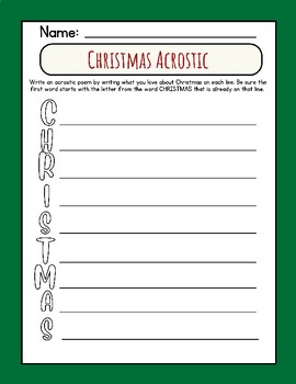 Preview of Letters for Christmas Acrostic Poem Writing Worksheet: FUN ELA Activity Write