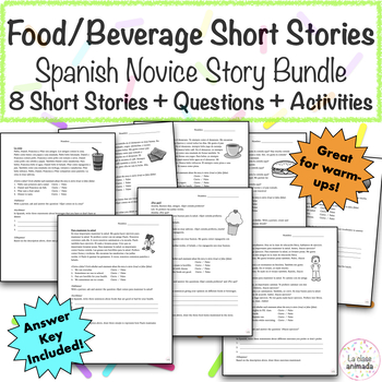 Preview of Basic Spanish Short Stories Reading Food Comida Bundle Activity Questions