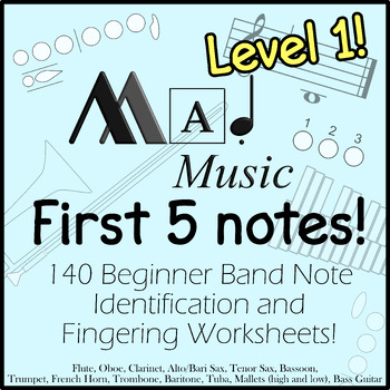 Preview of Level 1! Beginner Band "Mad Music":Full Band Bundle! 140 Worksheets w/Fingerings