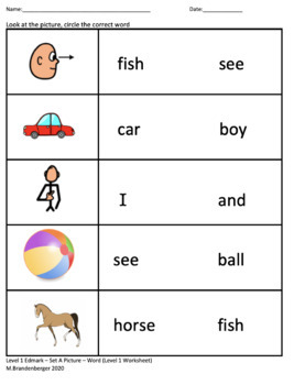 Level 1 Edmark Set A Picture Word Worksheets Distance Learning