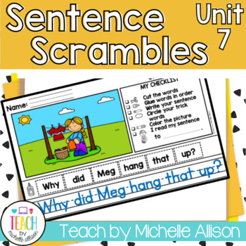 Preview of Sentence Scramble - Glued Sounds Worksheet, Literacy Center & Sight Word Review