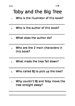 Preview of Level 16 text: Toby and the Big Tree worksheet