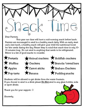 Snack Letter to Parents-Editable by 2teachalatte | TpT