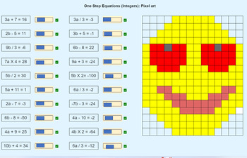 Preview of One Step Equations of Integers: Pixel Art Math Worksheet