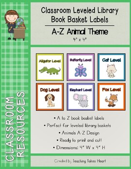 Preview of Leveled Library Book Basket Labels: A-Z Animals Theme