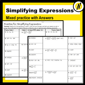 Preview of Leveled Mixed Practice Simplifying Expressions with Answers