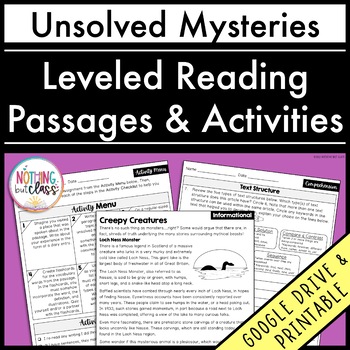 Preview of Leveled Reading Comprehension Passages with Questions | Unsolved Mysteries