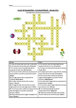 Levels of Organization Crossword Puzzle Worksheet Activity (Printable)