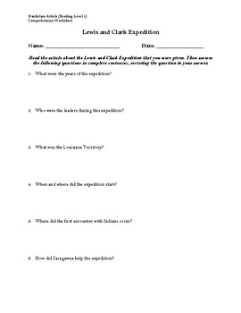 Preview of Lewis and Clark Expedition Article (Reading Level 1) Comprehension Worksheet